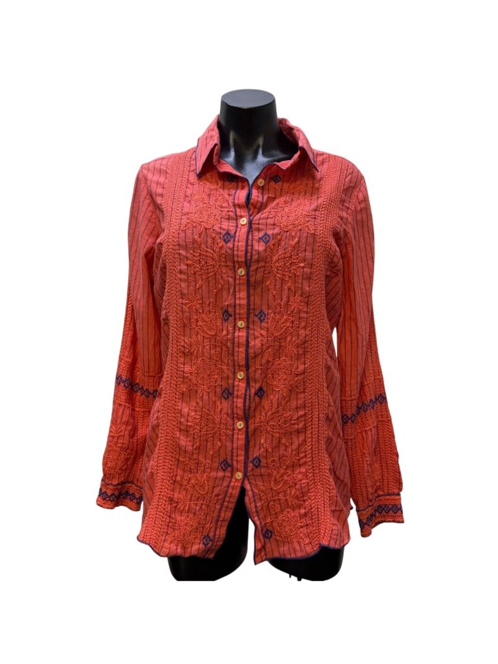 Johnny Was 3J Workshop Pink & Blue Embroidered Button-Down Blouse S
